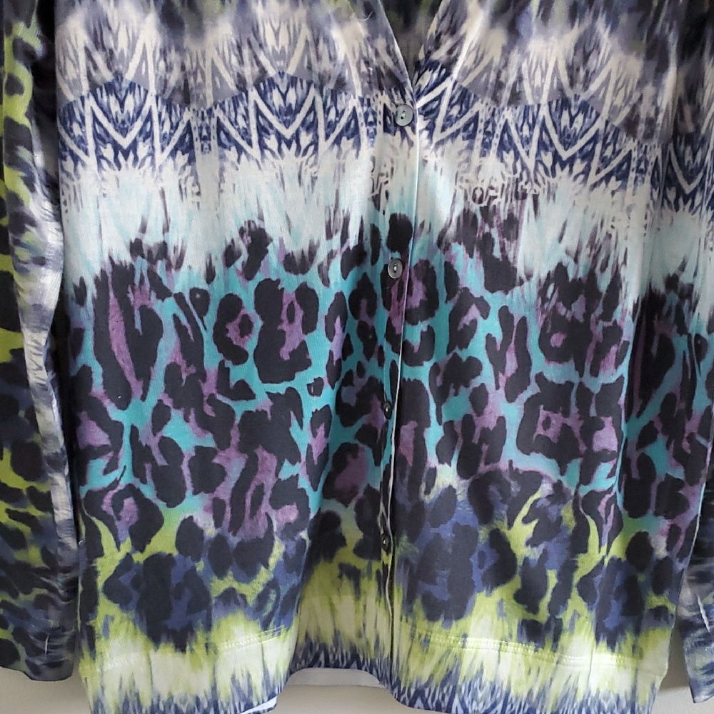 Nally & Millie Blue and Green Animal Cheetah Print Cardigan Sz S Punk Grunge - Picture 4 of 11